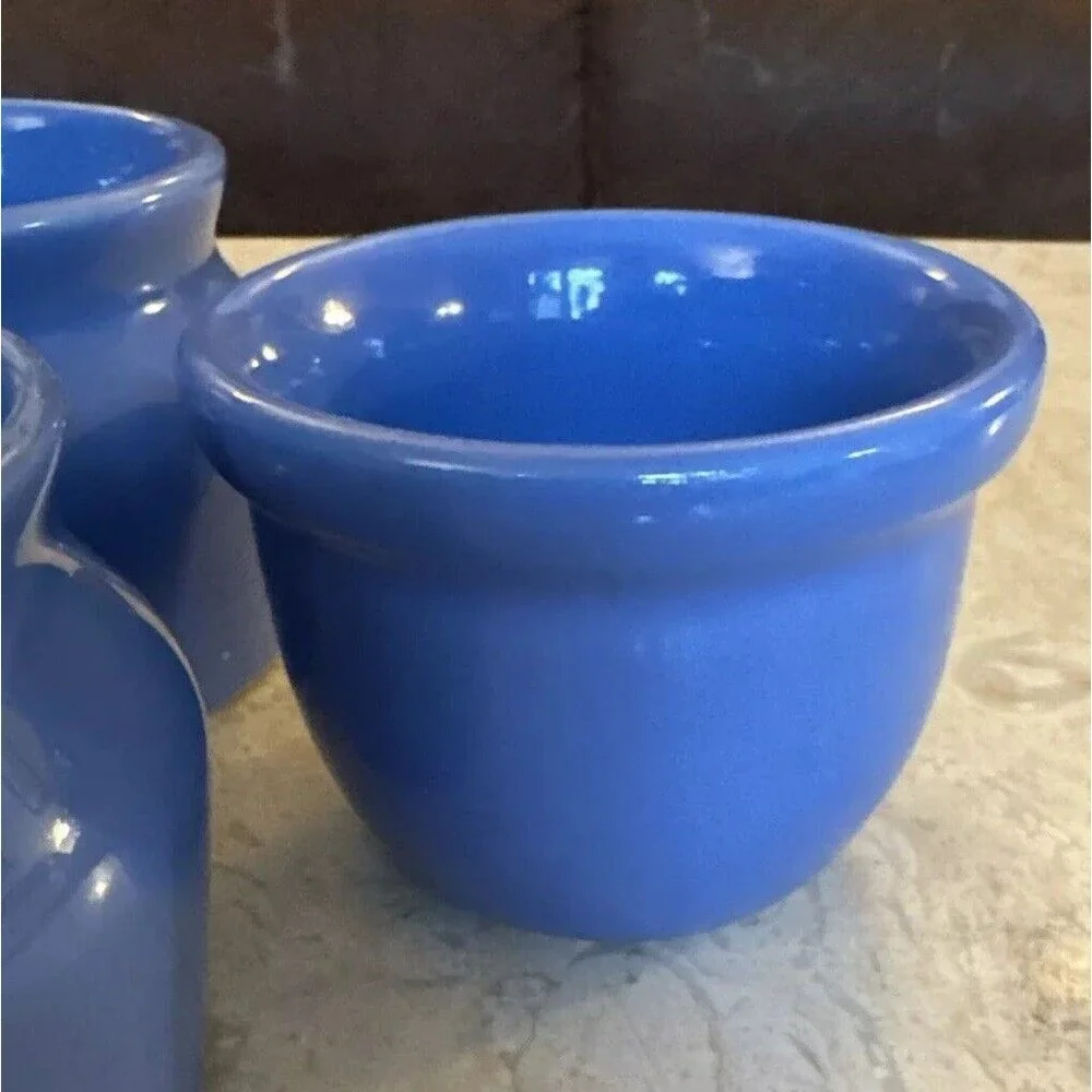 Vintage Oxford Ware Set of 4 Mini Beanpots + 1 Bowl , 3 1/4” Diameter. Blue USA